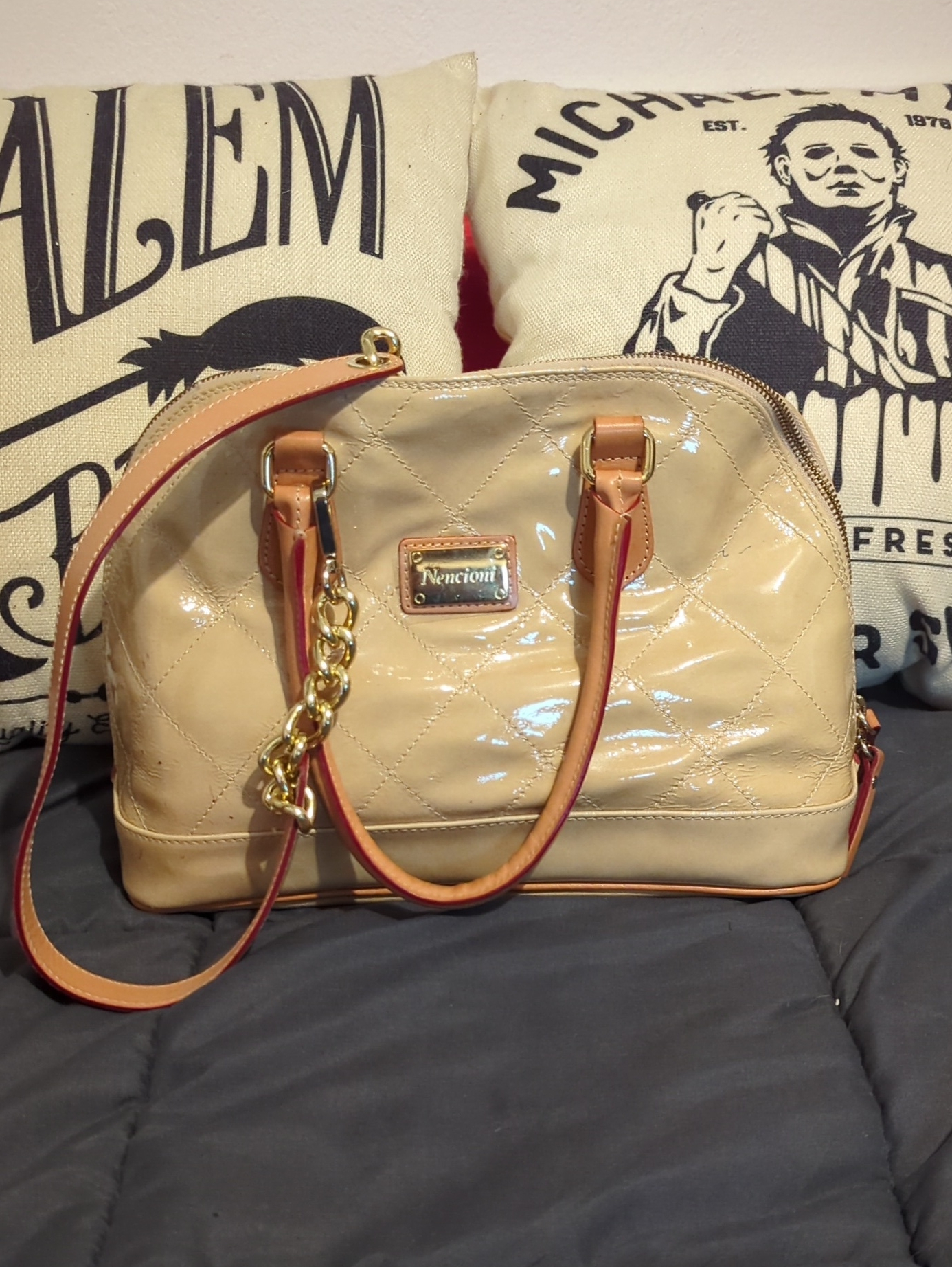 Nencioni Beige Quilted Patent Satchel Bag Made In Italy Buttery Smooth Leather!